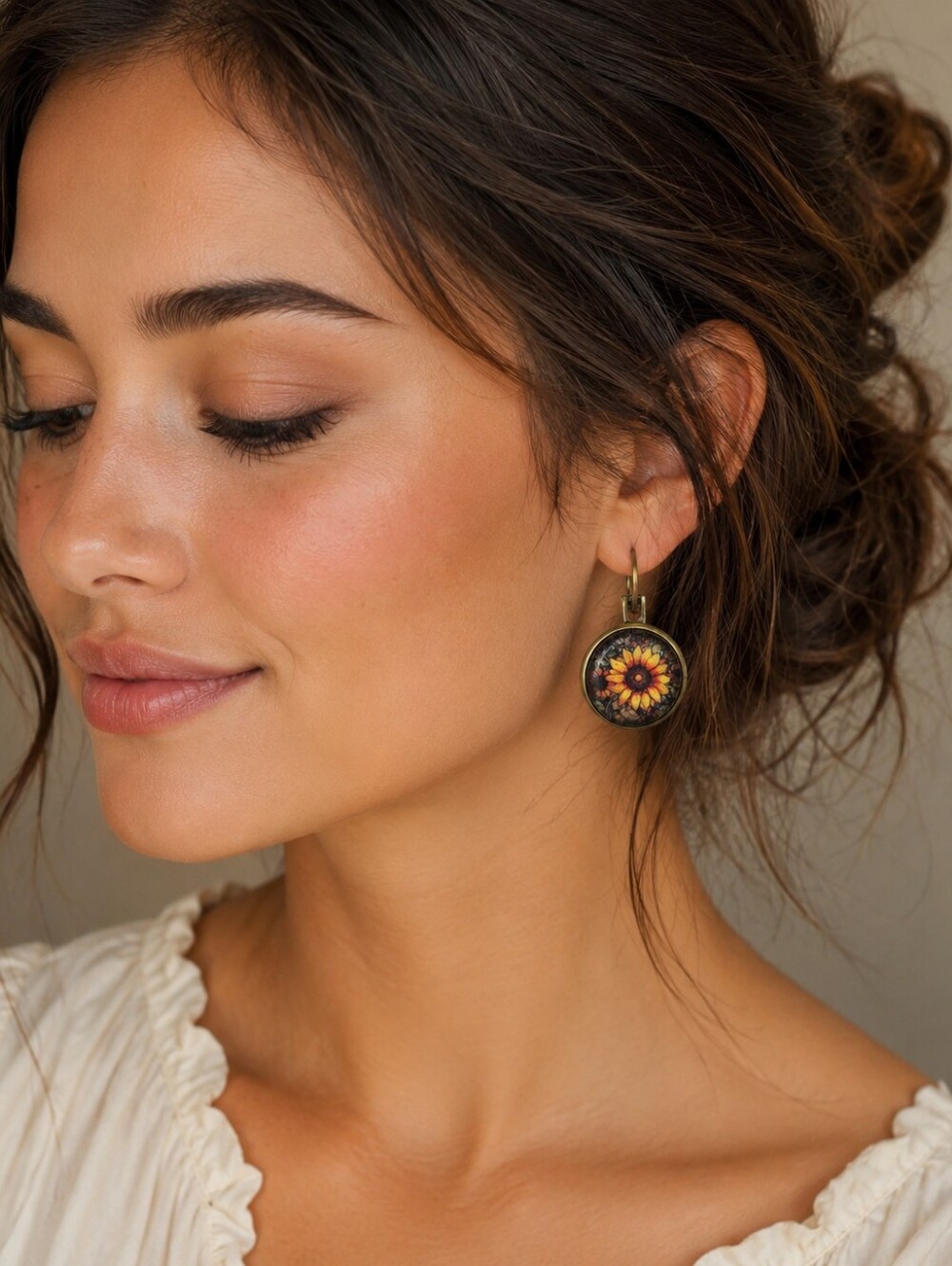 Rustic Sunflower Dangle Earrings Bronze Tone NIP - Picture 2 of 3